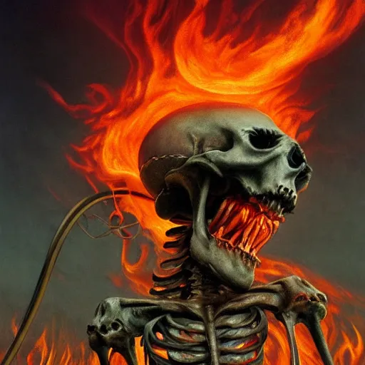 Image similar to a closeup of a skeleton demon riding a carousel in flames, beksinski, dariusz zawadzki, symmetrical, very coherent symmetrical artwork, cinematic, hyper realism, high detail, octane render, 8 k