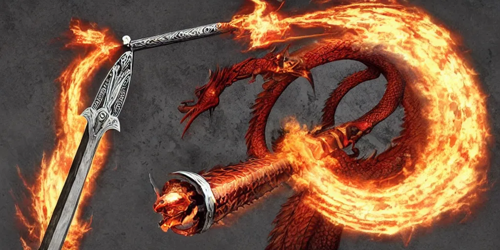 Image similar to a legendary longsword engulfed in spiral of flames, its handle is made out of dragon skin,