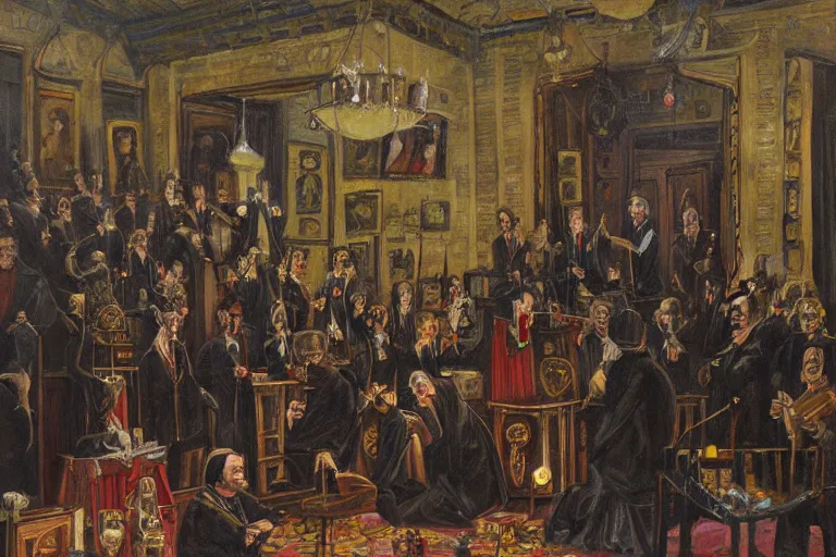 Image similar to a dark sinister ritual at a freemason temple, oil painting, highly detailed