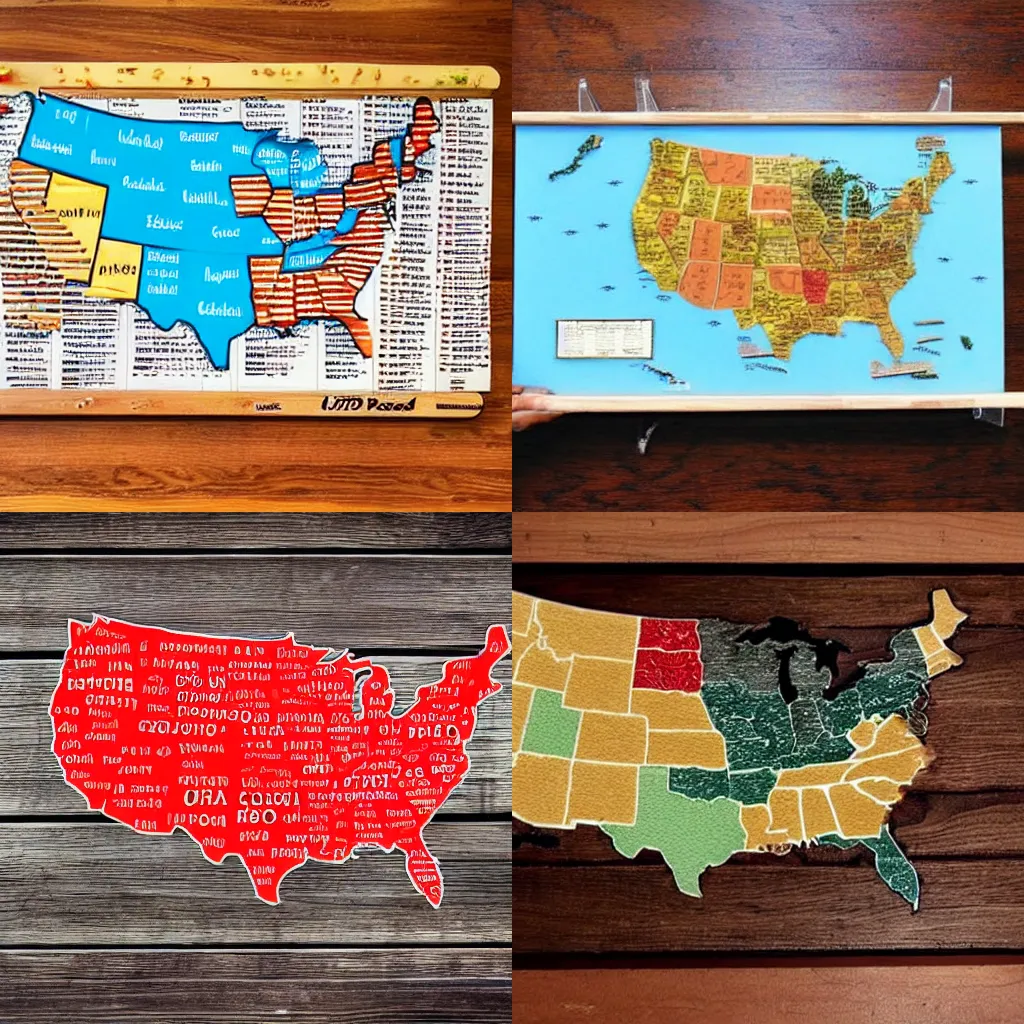 Prompt: a map of United States made from sushi on a wooden table