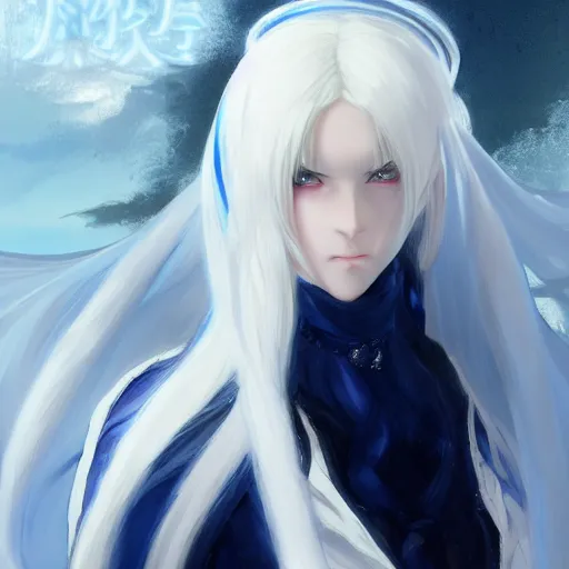 Image similar to anime girl with white hair gathered in two tails, with white diamond - shaped hairpins on her head, dark blue eyes, in a white cloak and hood, anime style, 4 k, high quality, digital painting, elegant, highly detalied, artstation, concept art, art by artgem and greg rutkowski and alphonse mucha