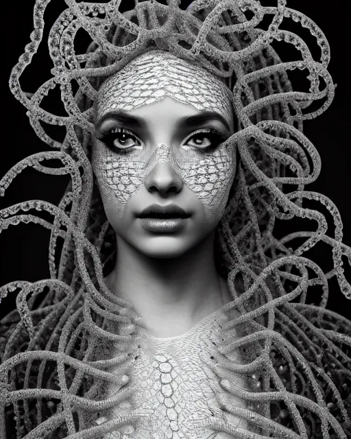 Image similar to surreal mythical dreamy artistic black and white fine art photo of a beautiful young female queen - medusa - cyborg covered with lace fish scales and translucent algae, highly detailed, intricate crystal ivy lace jelly fish scales ornate, poetic, octane render, 8 k, photo - realistic