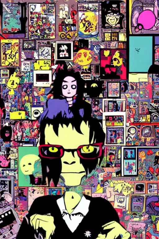 Image similar to nerdy goth guy, cluttered messy 9 0 s bedroom, by jamie hewlett, jamie hewlett art, vaporwave, 9 0 s aesthetic, 9 0 s vibe,