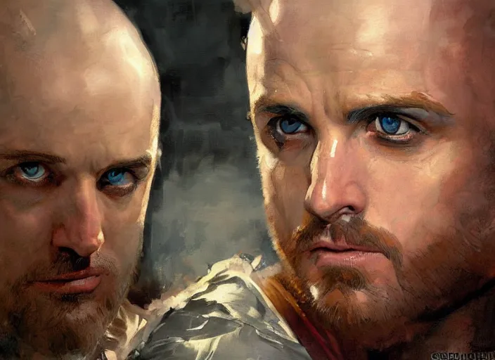 Prompt: a highly detailed beautiful portrait of jesse pinkman as kratos, by gregory manchess, james gurney, james jean