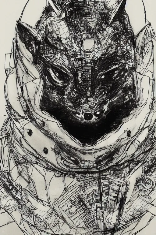 Image similar to portrait of a man in kitsune demon fox mask and black suit wearing astronaut helmet, pen and ink, intricate line drawings, by craig mullins, ruan jia, kentaro miura, greg rutkowski