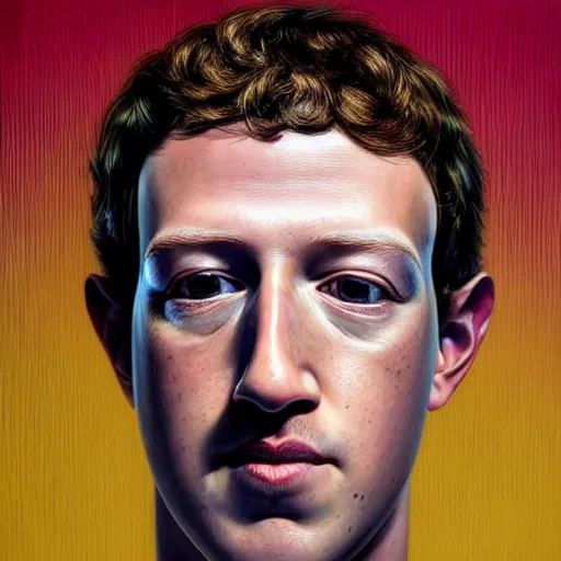 Prompt: intricate five star mark zuckerberg facial portrait by casey weldon, oil on canvas, hdr, high detail, photo realistic, hyperrealism, matte finish, high contrast, 3 d depth, centered, masterpiece, vivid and vibrant colors, enhanced light effect, enhanced eye detail, artstationhd