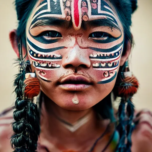 Prompt: portrait of a stunningly beautiful asian tribal female, with tribal face paint, freckles, depth of field, zeiss lens, detailed, symmetrical, centered, fashion photoshoot, by Annie Leibovitz and Steve McCurry, David Lazar, Jimmy Nelsson, Breathtaking, 8k resolution, extremely detailed, beautiful, establishing shot, artistic, hyperrealistic, beautiful face, octane render