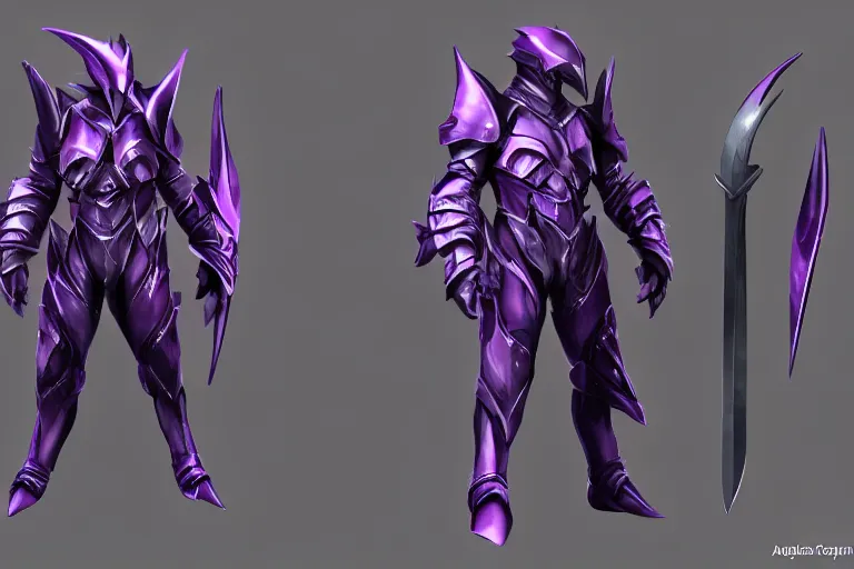 Image similar to metal purple armor resembling a swordfish, artstation character reference sheet