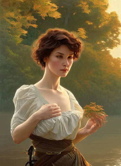 Prompt: a woman with short wavy hair, round face, cottagecore!!, river, trees, intricate, elegant, highly detailed, digital painting, artstation, concept art, smooth, sharp focus, illustration, art by artgerm and greg rutkowski and alphonse mucha