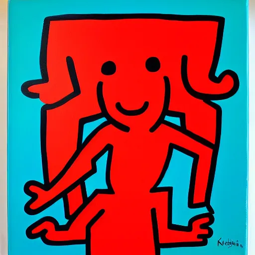 Image similar to acrylic abstract painting on canvas using primary red and blue, by keith haring
