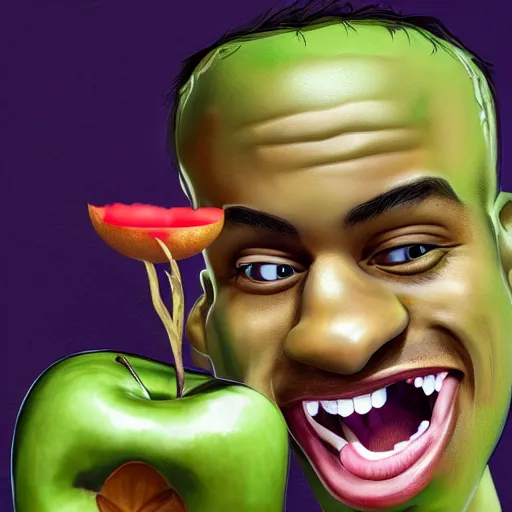 Prompt: caricature of travis scott eating apple, artstation, 8 k, cgsociety, high detalied, high quality,