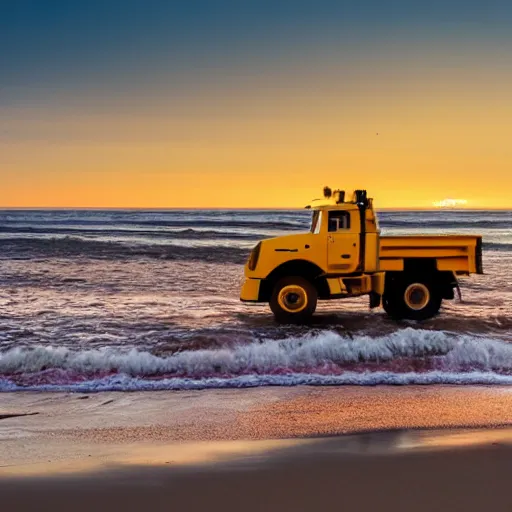 Prompt: a dump truck chilling on the beach, sunset