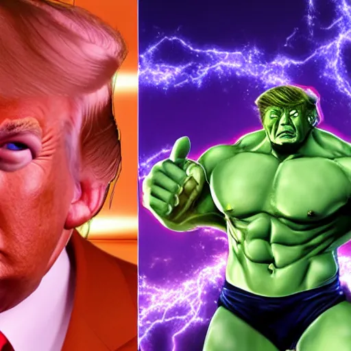 Image similar to Donald Trump as the incredible Hulk. Anime style. Detailed face. Dramatisch lights.