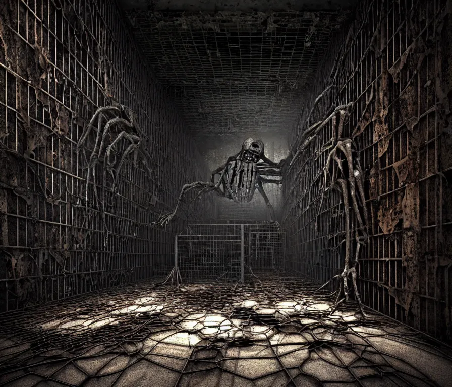 Image similar to creepy huge humanoid with long limbs sits on the floor. An underground very dark gloomy multi-layered structure of rusty thick iron grates, dense chain-link fencing and peeling walls. Inside view, collapsed floors, bent rusted iron, masterpiece, black background, corners, cinematic, hyperdetailed, photorealistic, hyperrealism, octane render, 8k, depth of field, bokeh, architecture, shadows, art by Zdzisław Beksiński, Arthur Rackham, Dariusz Zawadzki