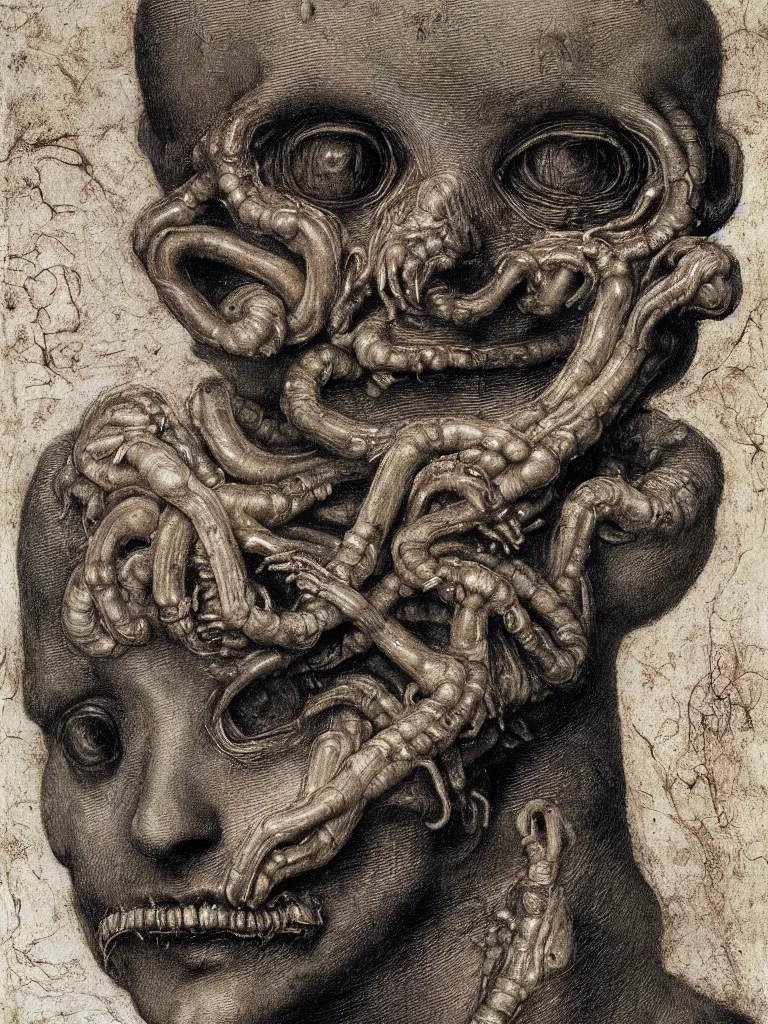 Image similar to a boy made of worms, looking straight into camera, by giuseppe arcimboldo and ambrosius benson, renaissance, a touch of beksinski and hr giger and edward munch, realistic