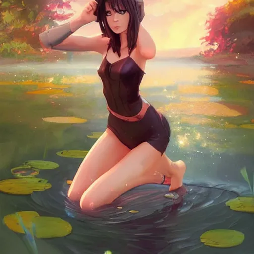 Prompt: fantasy woman girl kneeling in a pond miss attractive eye catching official fanart behance hd artstation by Rossdraws and Jesper Ejsing, by Makoto Shinkai and Lois van baarle, ilya kuvshinov, mystic, dreaming