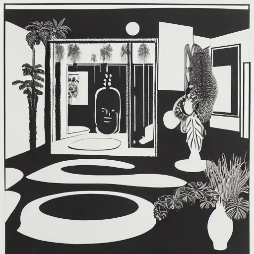 Image similar to A black and white offset lithography of an exhibition space with works of Sun Ra, Marcel Duchamp and tropical plants, 60s, Modern Art