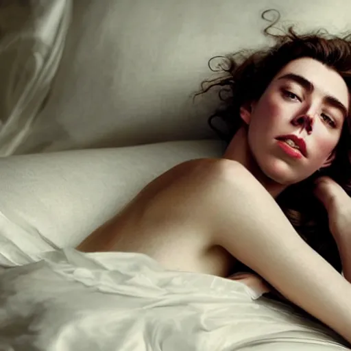 Image similar to stunning photo of vanessa kirby laying back on a pillow, dark - haired goddess with tears running down her face, a beautiful closeup, wet lips, perfect eyes, insanely detailed, elegant, by mucha, wlop, rutkowski, livia prima