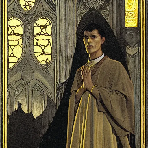 Prompt: Close up of a young, thin and stern catholic priest in his thirties fervently praying as he is about to die from the ominous terrifying Lovecraftian yellow shadow descending upon him from the night sky. he is at the top of a medieval tower. Low angle, dramatic lighting. Art by Greg Rutkowski and Alphonse Mucha