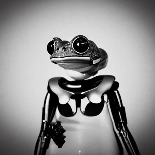 Prompt: cyborg frog with a camera lens as a head, front profile, monochromatic photo