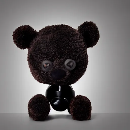 Prompt: robot black teddy bear with red eyes, face close up, realistic, highly detailed, studio photo, dark lighting