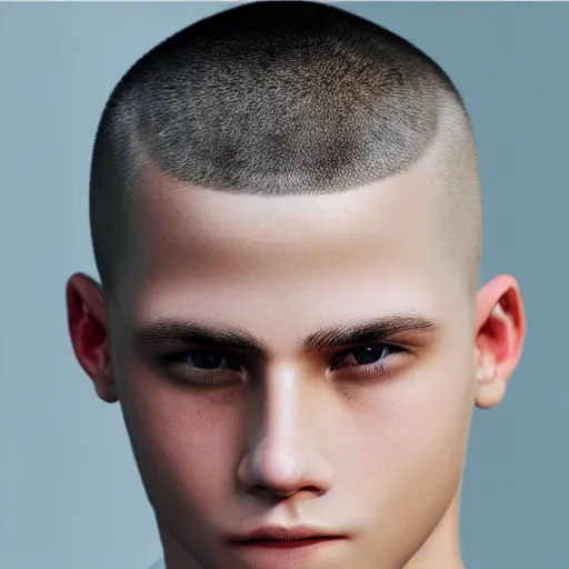 Prompt: attractive male teenager buzz cut hunter eyes high - quality highly detailed photo realistic 8 k