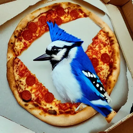 Image similar to bluejay eating pizza