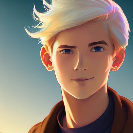 Image similar to young man with short, ash blond greyish hair, path traced, highly detailed, high quality, digital painting, by don bluth and ross tran and studio ghibli and alphonse mucha, sylvain sarrailh