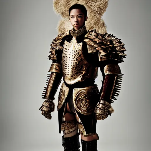 Image similar to a portrait of a beautiful young male wearing an alexander mcqueen armor made of wood , photographed by andrew thomas huang, artistic