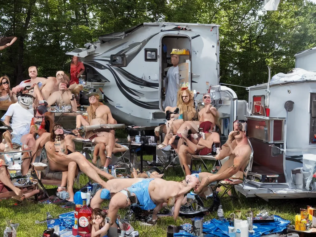 Image similar to redneck astronaut summer grillparty in trailer park, detailed, cinematic photo