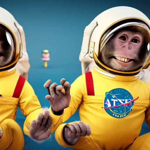 Image similar to astronaut monkeys laughing throwing bananas on each other, realistic, dramatic light, octane render, trending on artstation, cinematic, hyper realism, high detail, 8k