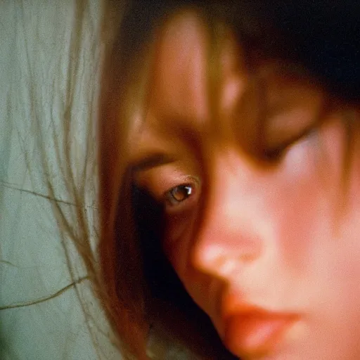 Image similar to Close-up of a young gorgeous woman’s face hopeless, frigthened and crying a lot, low light, sharp focus, cinestill 800t