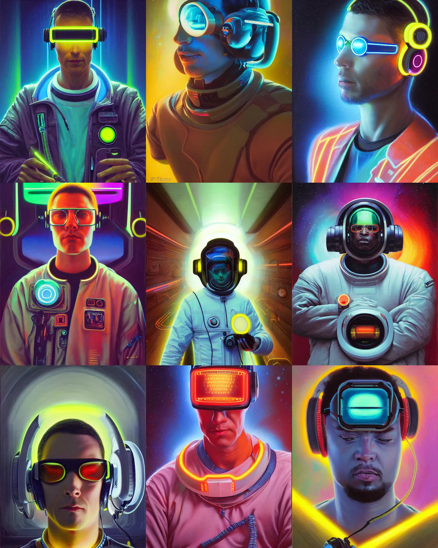 Image similar to neon cyberpunk programmer with glowing geordi cyclops visor over eyes and sleek headphones head turned desaturated portrait painting by donato giancola, dean cornwall, rhads, tom whalen, alex grey astronaut fashion photography