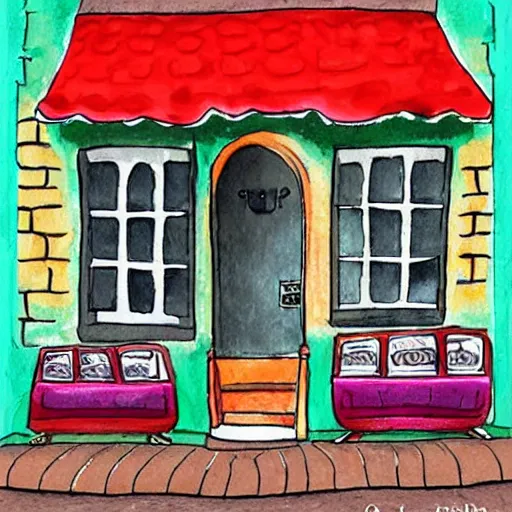 Image similar to beautiful cute cozy very little cafe on a cobblestone street, cute cartoon, watercolor, 4 colors