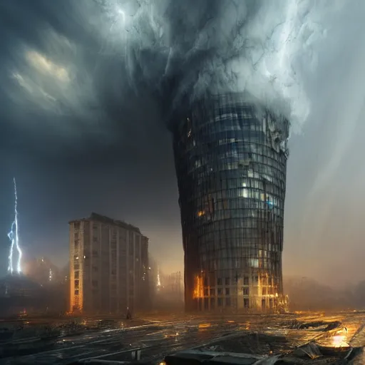 Image similar to a destroyed 1 9 0 0 city with a big tower in the middle covered in mist, lightning bolts hitting and exploding the buildings, 4 k, by michal karcz