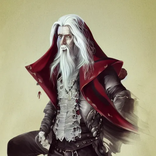 Prompt: a painting of a 3 5 year old man with long white hair, dark red royal clothing, gothic castle backround, fantasy, trending on art station