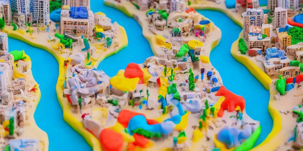 Image similar to perfect replica of Tel-Aviv beach made from playdough, high-detaild, playdough art, 4K UHD image