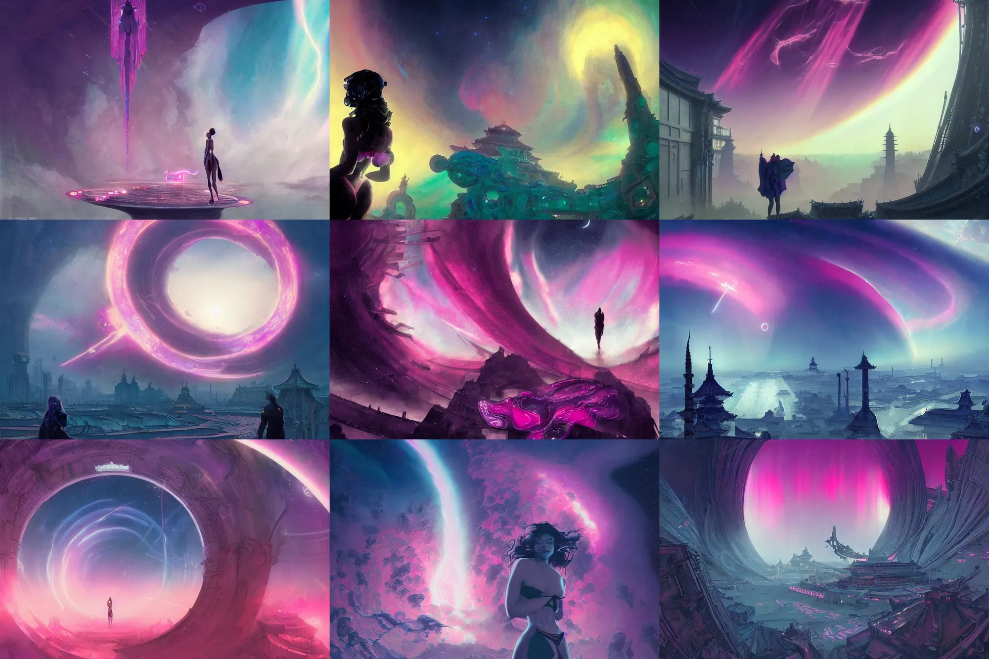 Prompt: silhouette of a sexy woman emerging from pink and royal blue asperitas clouds in cyberpunk theme looking at an opening interstellar portal to renaissance italy, the portal opens to forbidden city during an aurora borealis, intricate, elegant, by greg rutkowski, conrad roset, takato yomamoto, james jean, rule of thirds, seductive look,