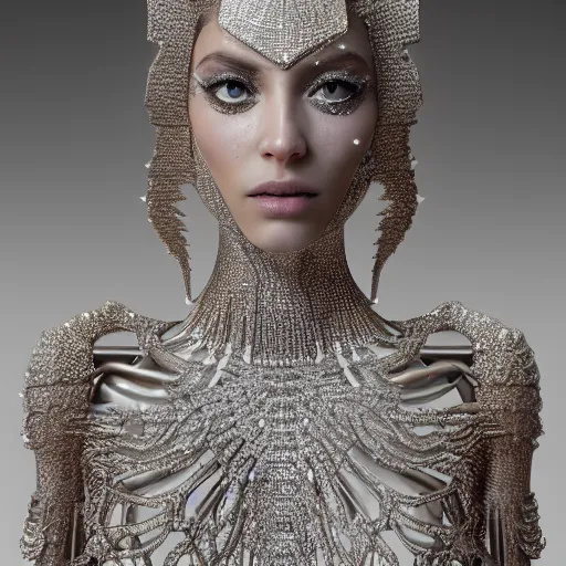 Image similar to full body detailed, ethereal, biomechanical, covered in diamonds and other gems glowing, highly detailed face, elegant posed, intricate, extremy detailed, beeple, cgsociety, 3 d unreal engine octane render. cinematic lighting, highly detailed 4 k art