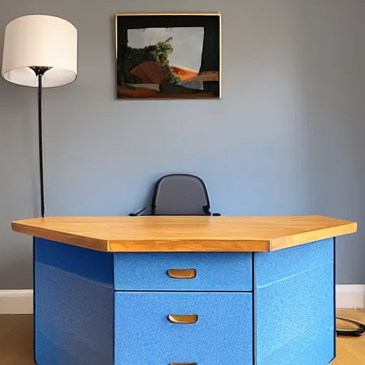 Prompt: a blue hexagonal desk