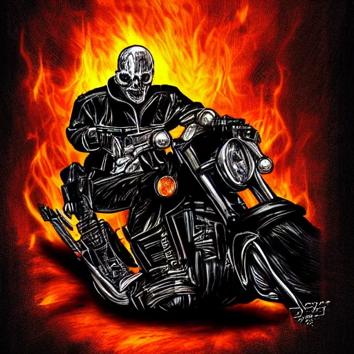 Prompt: Ghost Rider riding motorcycle through the gates of hell, detailed digital art,