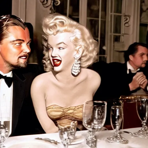 Image similar to leonardo dicaprio and marilyn monroe at a paris restaurant in 2 0 2 2, hyper realistic, ultra detailed, 8 k, cinematic