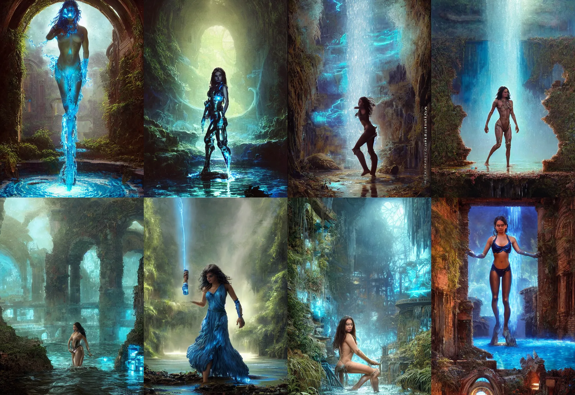 Prompt: mila kunis as a intricate robot wading through blue glowing water, 2 0 0 mm focal length, epic vista of old ruins, greg rutkowski, steve hanks, charlie bowater, steve henderson, justin gerard, mark keathley, victor nizovtsev, ross tran, wlop, hajime sorayama