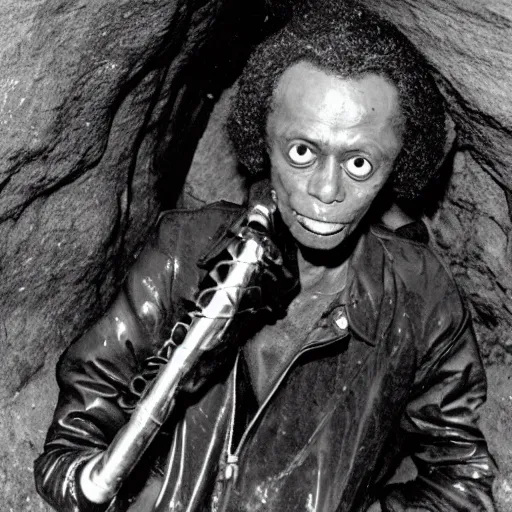 Image similar to photo inside a cavern of a wet reptilian humanoid miles davis partially hidden behind a rock, with black eyes, open mouth and big teeth