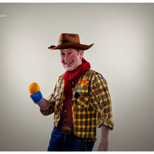Prompt: Photo of a man dressed as Woody from Toy Story, Rembrandt lighting, 85mm lens