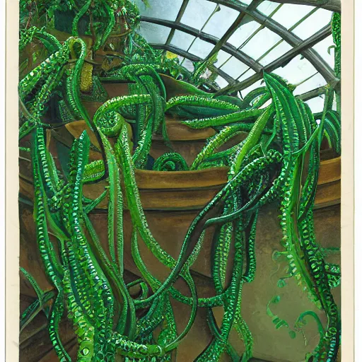 Image similar to wide shot several green poisonous spiked tentacula vines grow from a pot, on wooden table in the diagon ray of sunshine in large greenhouse, digital art, realistic, sharp focus, high detailed, calm, warm lighting, by Rutkowsky, by Levitan