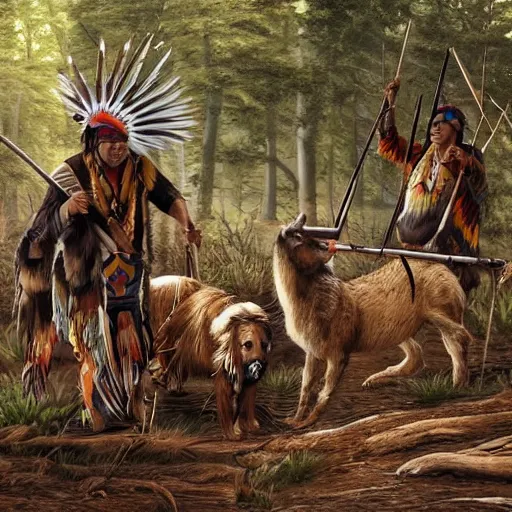 native americans hunting in the forest, realistic