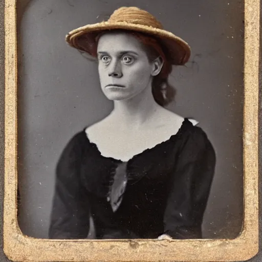 Prompt: a late 1 9 th century, 3 0 years old, austro - hungarian, sullen old maid ( redhead, tight bun, tight bun, straw hat decorated with too big flowers, looks a like amy adams mixed with anne - marie duff, but not pretty, as a strict school teacher ), daguerreotype by emil rabending and mayall