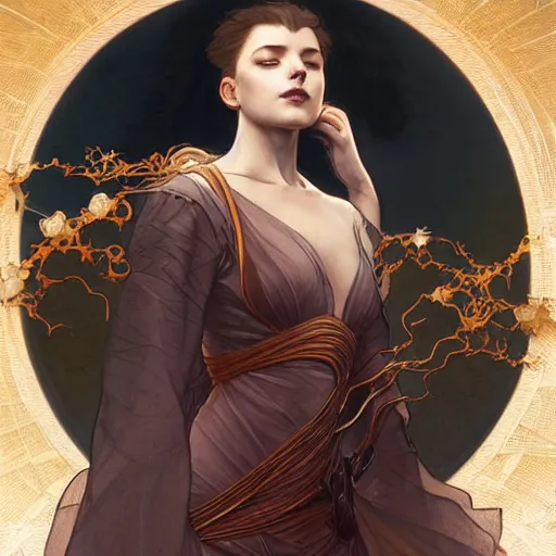 Prompt: the way is the harmony of the universe, fantasy, fantasy magic, undercut hairstyle, dark light night, intricate, elegant, sharp focus, illustration, highly detailed, digital painting, concept art, matte, art by wlop and artgerm and greg rutkowski and alphonse mucha, masterpiece