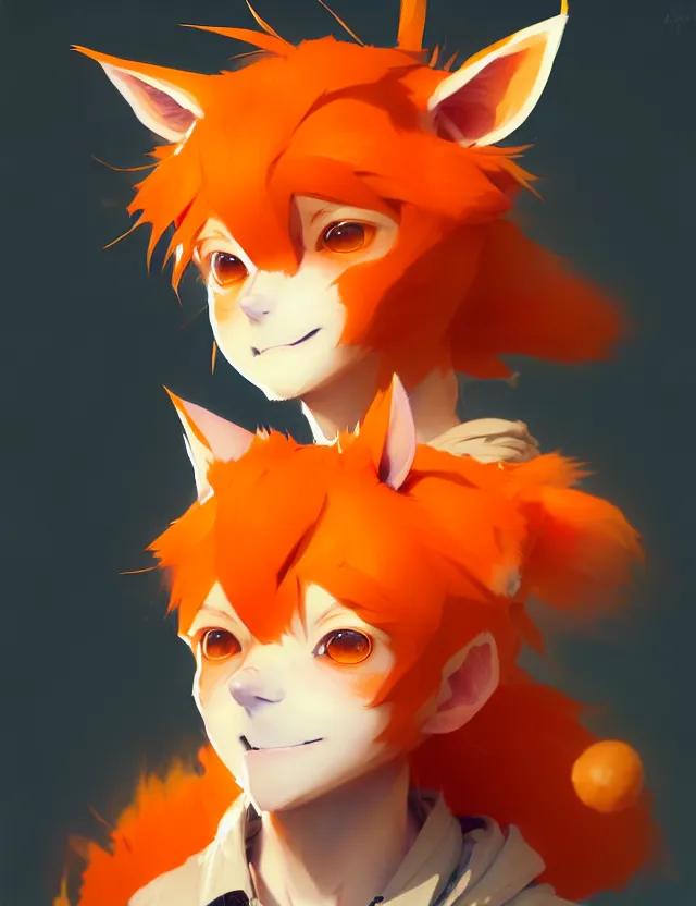 Image similar to a beautiful fullbody portrait of a cute anime boy with orange hair and orange fox ears. character design by cory loftis, fenghua zhong, ryohei hase, ismail inceoglu and ruan jia. artstation, volumetric light, detailed, photorealistic, fantasy, rendered in octane